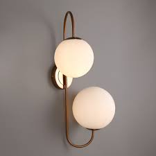 Modern Chic Milky White Globe Glass Shade Two Light Indoor Wall Lamp In Aged Brass Lighting