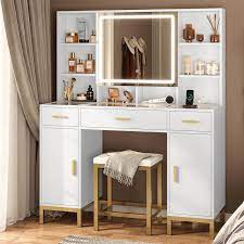 makeup vanity set desk with mirror and lights charging station white vanity desk dressing table with big gl desktop storage shelves for s