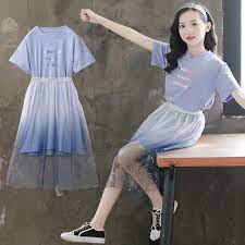 Bộ váy tuổi teen mới gồm áo thun ngắn tay và đầm lưới vải cotton thời trang  mùa hè mặc thường ngày cho bé gái 3-15 tuổi - INTL