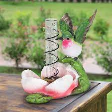 Exhart Solar Rain Gauge On Pink Flower With Hummingbird Garden Statue