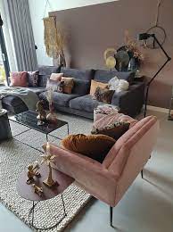 grey and blush pink living room
