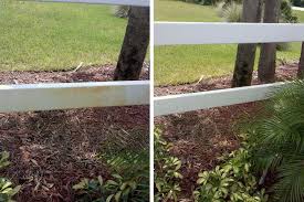 For tougher jobs, use a pressure washer. Cleaning A Vinyl Fence Rails To Remove Spinker Rust Stains Vinyl Fence Pressure Washing Low Pressure