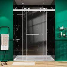 Zeafive 72 In W X 79 In H Glass Shower Door Frameless Bypass Double Sliding Shower Doors In Brushed Nickel 3 8 In Tempered Glass