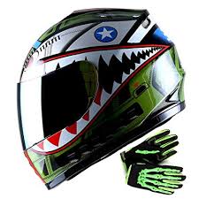 Wow Youth Motorcycle Full Face Helmet Street Bike Bmx Mx Kids Shark Army Green Mx Skeleton Glove Bundle
