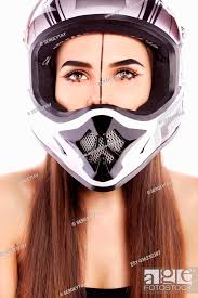 beautiful with makeup in a helmet