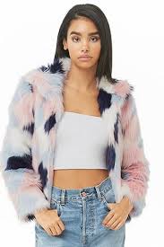 Colorblock Faux Fur Coat Blue Pink