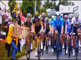 An imbecile fan caused this massive crash at the #tourdefrance2021 by holding a sign that jutted into the course and took. Emu5aqouqc5gzm