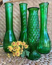 Green Glass Bud Vase Fluted Green Vase