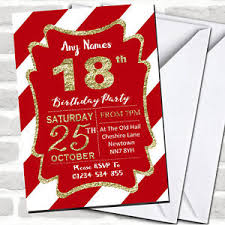 Red White Diagonal Stripes Gold 18th Birthday Party Invitations Ebay