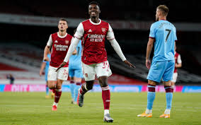 90'+5' second half ends, arsenal 2, west ham united 1. Super Sub Eddie Nketiah Scores Late Winner For Arsenal Against West Ham