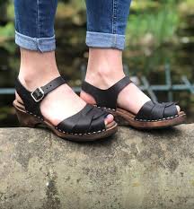 New Swedish Clogs Low Heel Peep Toe Black Leather On Brown Base By Lotta From Stockholm Wooden Clogs Flat Open Sweden Sandals