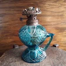 Vintage Blue Glass Kerosene Oil Lamp