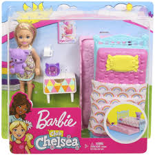 Chelsea™ doll is ready for bed wearing a nightshirt with rainbow print and white slippers with furry detail. Barbie Club Chelsea Bedtime Doll And Bedroom Playset Walmart Com Barbie Doll Set Chelsea Doll Barbie Chelsea Doll