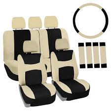 Fh Group Light And Breezy Fabric 21 In X 21 In X 2 In Full Set Seat Covers With Steering Wheel Cover And 4 Seat Belt Pads Beige