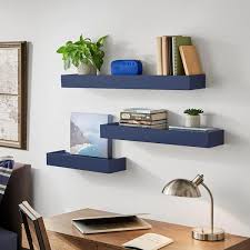 Modern Midnight Blue Wood Floating Wall Shelf Set Of 3 36 W X 3 H X 6 D