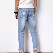 Men Low Waist Hole Light Colored Pants Casual Jeans Large