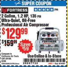 Just like the other fortress air compressors, these are geared towards the professional and compare well with similar models from. Harbor Freight Tools Coupon Database Free Coupons 25 Percent Off Coupons Toolbox Coupons Fortress 2 Gallon 1 2 Hp 135 Psi Ultra Quiet Oil Free Professional Air Compressor