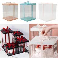 large cube clear gift box cake rose