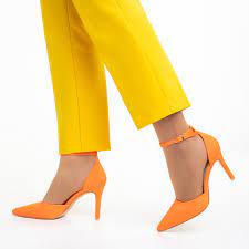 Pantofi dama portocalii din material textil cu toc Florene - Kalapod