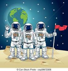 Astronauta, projektować, rysunek, przestrzeń. Kosmonauta, barwny, kosmita, przestrzeń ilustracja, księżyc, planeta, bandera, | CanStock