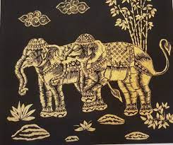 2 Gold Elephant Thai Art Silk Painting