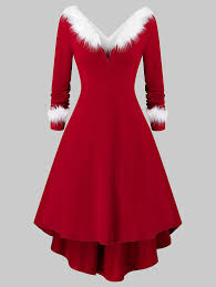 Plus Size Christmas Asymmetrical Faux Fur Panel Knitted Dress