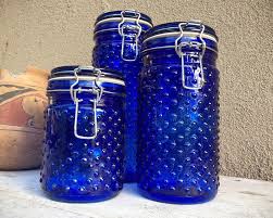cobalt blue hobnail glass canister set