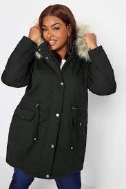 Black Faux Fur Hood Parka Coat