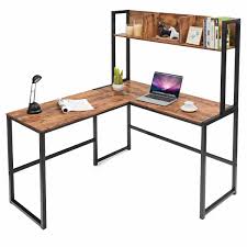 An aesthetic corner office desk with hutch made of wooden materials finished in mid browns. Costway Industrial L Shaped Desk W Hutch Bookshelf 55 Corner Computer Desk Gaming Table Laptop Desks Aliexpress