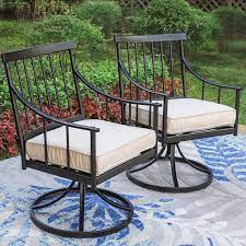 Phi Villa Black Metal Swivel Stripe Stylish Patio Outdoor Dining Chair With Beige Cushion 2 Pack
