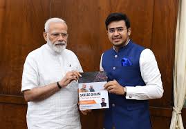 File image of tejasvi surya. Tejasvi Surya On Twitter As I Leave To Bengaluru I Am Filled With Overwhelming Gratitude For Pm Sri Narendramodi His Kind Words Of Encouragement Appreciation For Our Public Outreach Initiative Sansaddhvani