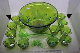 green carnival glass punch bowl set
