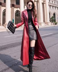 Extra Long Faux Leather Trench Coat For