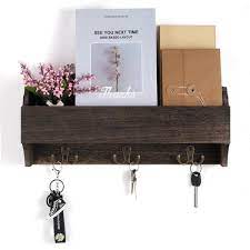 Oumilen Dark Brown Mail Holder Wall Mounted Mail Organizer With Tags And 3 Double Key Hooks Mail Key Holder