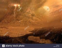 Tormenta de polvo de la superficie de Titán, la ilustración. Titán, la luna  más grande de
