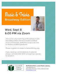 This covers everything from disney, to harry potter, and even emma stone movies, so get ready. Broadway Music Trivia E D Locke Public Library