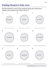 Finding Diameter From Area Worksheets