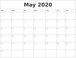 May 2020 Blank Monthly Calendar Template