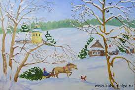 Рисуем дома зимний пейзаж