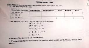 Quadratic Equations Performance Task