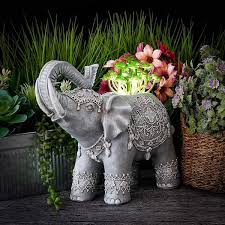 1 Light 9 In Integrated Led Solar Powered Elephant With Green Plant
