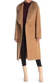 Sofia Cashmere Genuine Fox Fur Collar Waist Tie Wool Blend Coat Hautelook