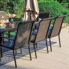 Phi Villa 9 Piece Metal Patio Outdoor Dining Set With Expandable Table And Brown Rattan High Back Wave Arm Chairs