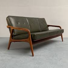 Mid Century Green Leather Teak Sofa