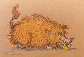 An animal native to scotland with long hair, a flat face, with legs in which are shorter on the left than the right, and if you want to catch it because it's short legs, presto! Wild Haggis Ellen S Wonderfuss Faeries