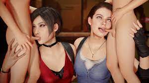 yellowbea, ada wong, jill valentine, capcom, resident evil, resident evil  2, resident evil 3, highres, 2boys, 2girls, 3d, age difference, asian,  assertive female, black hair, brown eyes, buttons, choker, clothed female  nude