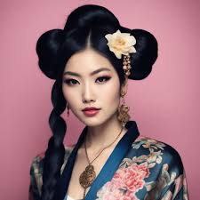 geisha hairstyle with sky blue flowers