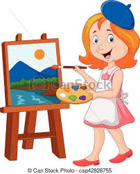Vector Illustration Of Little Girl Painting On A Canvas