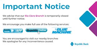 Rio bank online banking is among the easiest and most convenient means of carrying out your banking transactions. Republic Bank Please Be Advised That Our Rio Claro Branch Is Temporarily Closed Until Further Notice We Encourage You To Use Our Mobile App And Online Banking Facilities Here Https Www Republictt Com