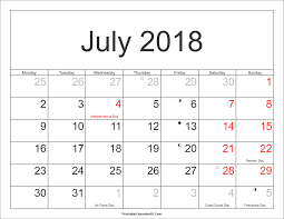 July 2018 Calendar With Holidays Calendar For 2019